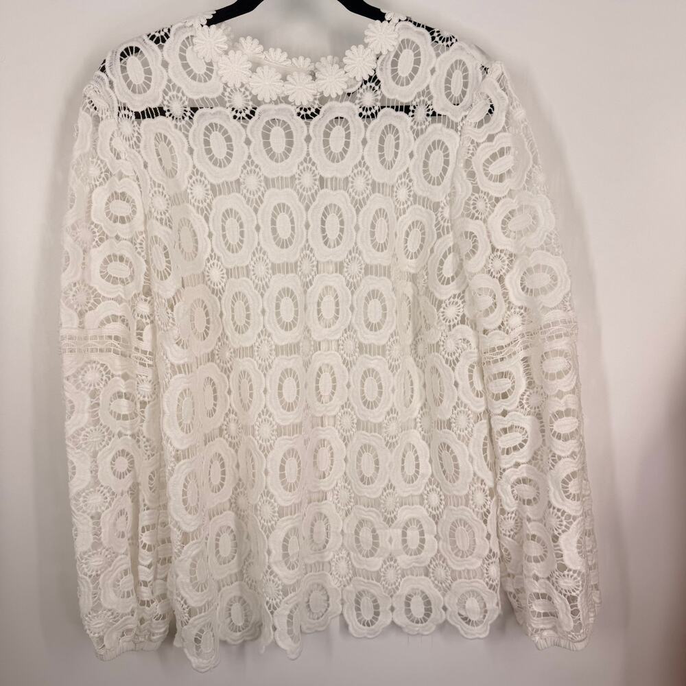 ELOQUII Women's Size 16 White Sheer Lace Blouse Daisy Trim Crochet Long Sleeve